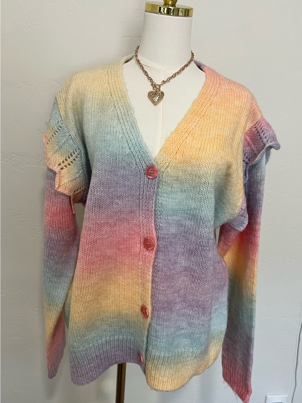 DAVI & DANI Pastel Ombre V-Neck Button Cardigan with Ruffle Sleeve Accent🌷